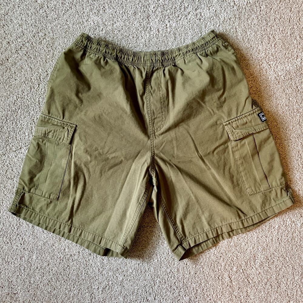 Men's OBEY Cargo Shorts Olive Green Ripstop Size M Elastic Waist Streetwear